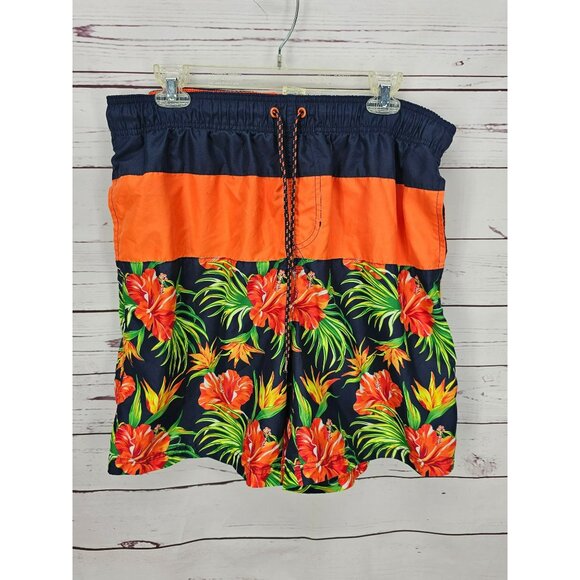 Faded Glory Men's Hawaiian Floral Swim Trunks - Elastic Waist & Drawstring - Picture 1 of 11